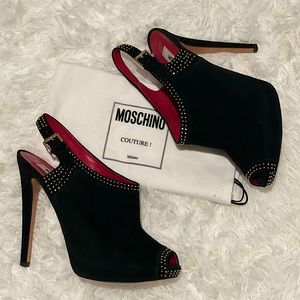 Moschino black suede peep toe with gold studs